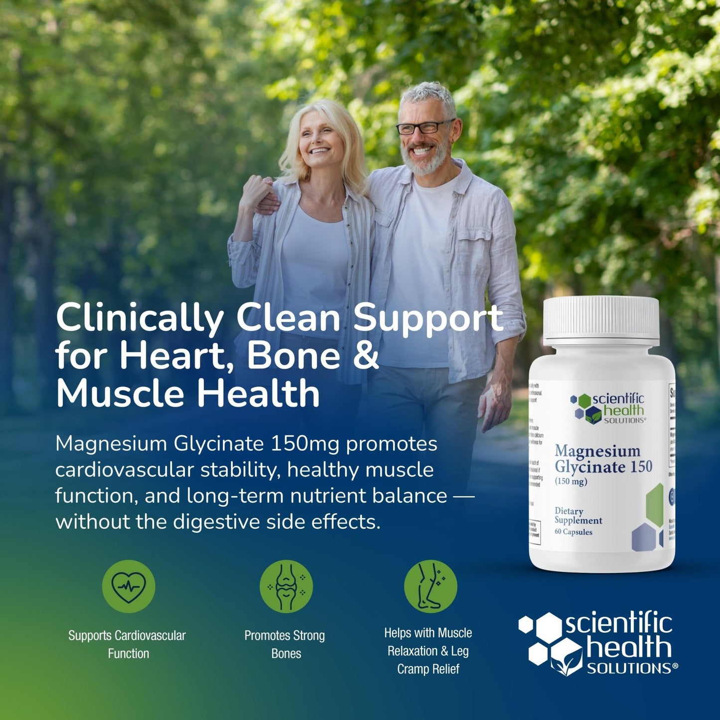Scientific Health Solutions Magnesium Glycinate 150 mg – High‑Absorption Magnesium for Heart, Bone & Muscle Health – Supports Leg Cramps & Cardiovascular Function – Gentle on Stomach, Vegan, 60 Count - Maple Wellness Supplements