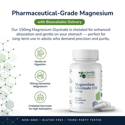 Scientific Health Solutions Magnesium Glycinate 150 mg – High‑Absorption Magnesium for Heart, Bone & Muscle Health – Supports Leg Cramps & Cardiovascular Function – Gentle on Stomach, Vegan, 60 Count - Maple Wellness Supplements
