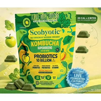Scobyotic® Kombucha Supergreens Live Gut Bites – 10 Billion CFU Probiotics + Prebiotics & Postbiotics – Kombucha & Supergreens – Freeze-Dried Probiotic Supplement - Maple Wellness Supplements
