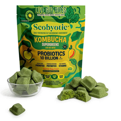 Scobyotic® Kombucha Supergreens Live Gut Bites – 10 Billion CFU Probiotics + Prebiotics & Postbiotics – Kombucha & Supergreens – Freeze-Dried Probiotic Supplement - Maple Wellness Supplements