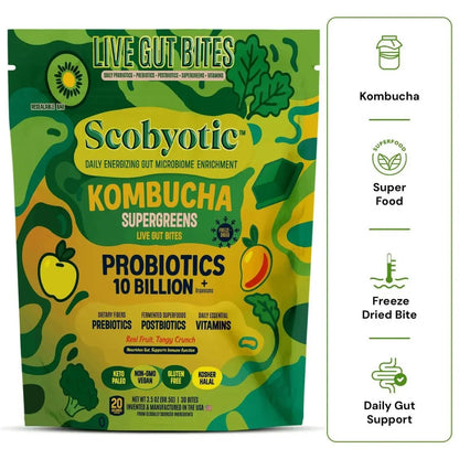 Scobyotic® Kombucha Supergreens Live Gut Bites – 10 Billion CFU Probiotics + Prebiotics & Postbiotics – Kombucha & Supergreens – Freeze-Dried Probiotic Supplement - Maple Wellness Supplements