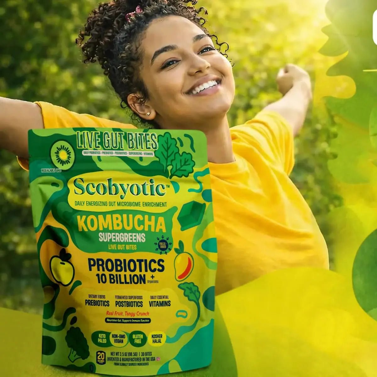 Scobyotic® Kombucha Supergreens Live Gut Bites – 10 Billion CFU Probiotics + Prebiotics & Postbiotics – Kombucha & Supergreens – Freeze-Dried Probiotic Supplement - Maple Wellness Supplements