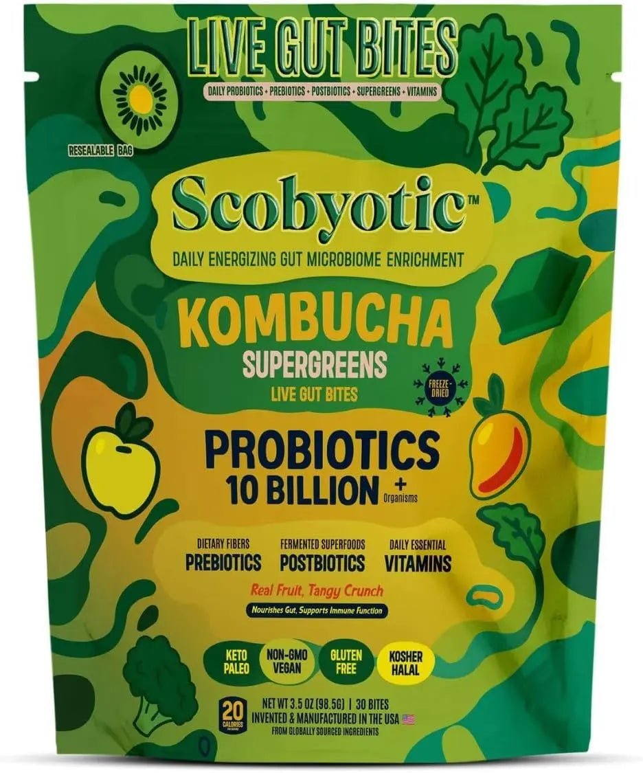Scobyotic® Kombucha Supergreens Live Gut Bites – 10 Billion CFU Probiotics + Prebiotics & Postbiotics – Kombucha & Supergreens – Freeze-Dried Probiotic Supplement - Maple Wellness Supplements