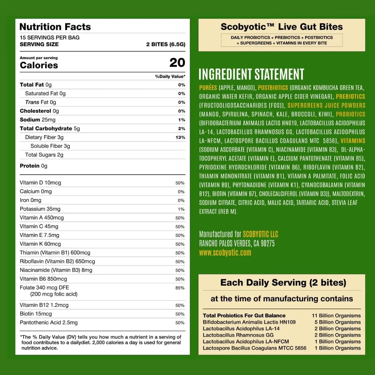 Scobyotic® Kombucha Supergreens Live Gut Bites – 10 Billion CFU Probiotics + Prebiotics & Postbiotics – Kombucha & Supergreens – Freeze-Dried Probiotic Supplement - Maple Wellness Supplements