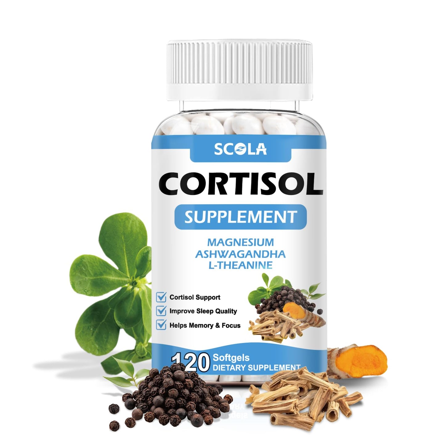 SCOLA Cortisol Supplement for Women and Men with Magnesium, Ashwagandha/L-Theanine, Cortisol Detox Manager, Cortisol Reducer Supports Relaxation & Calm, Mood, Sleep, 120 Count - Maple Wellness Supplements