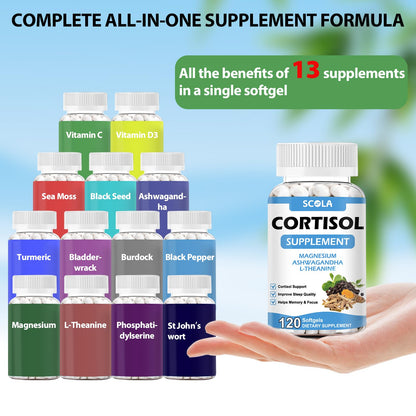 SCOLA Cortisol Supplement for Women and Men with Magnesium, Ashwagandha/L-Theanine, Cortisol Detox Manager, Cortisol Reducer Supports Relaxation & Calm, Mood, Sleep, 120 Count - Maple Wellness Supplements