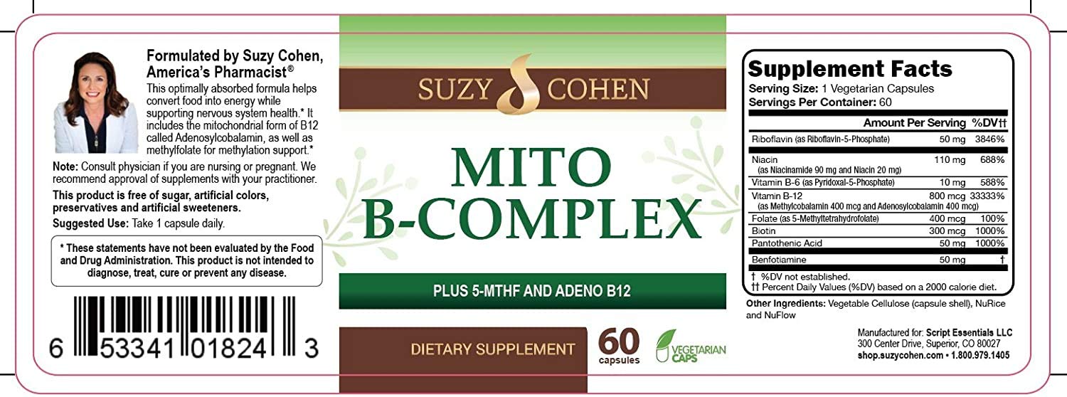 Script Essentials Suzy Cohen, Mito B Complex Dietary Supplement, 5-MTHF, Adeno B12, Methylation Support, Supports Healthy Nervous System - Maple Wellness Supplements