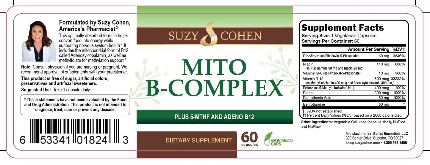 Script Essentials Suzy Cohen, Mito B Complex Dietary Supplement, 5-MTHF, Adeno B12, Methylation Support, Supports Healthy Nervous System - Maple Wellness Supplements