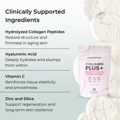 Sculpiflex Hydrolyzed Collagen Peptides Powder, Marine, Bovine, and Chicken Unflavored Multi Collagen Complex for Women, Firms Skin and Boosts Elasticity, Hydrating with Hyaluronic Acid (30 Servings) - Maple Wellness Supplements