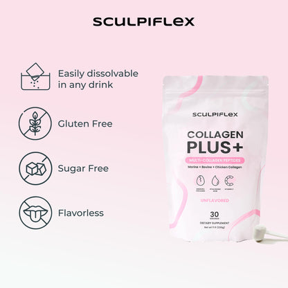Sculpiflex Hydrolyzed Collagen Peptides Powder, Marine, Bovine, and Chicken Unflavored Multi Collagen Complex for Women, Firms Skin and Boosts Elasticity, Hydrating with Hyaluronic Acid (30 Servings) - Maple Wellness Supplements