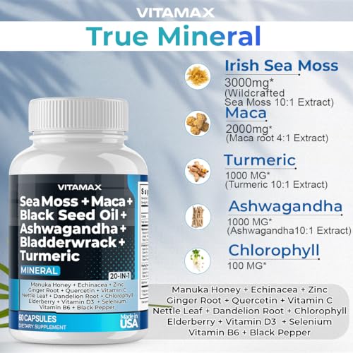Sea Moss 3000mg Maca 1000mg Black Seed Oil 2000mg Ashwagandha 1000mg Bladderw - Maple Wellness Supplements