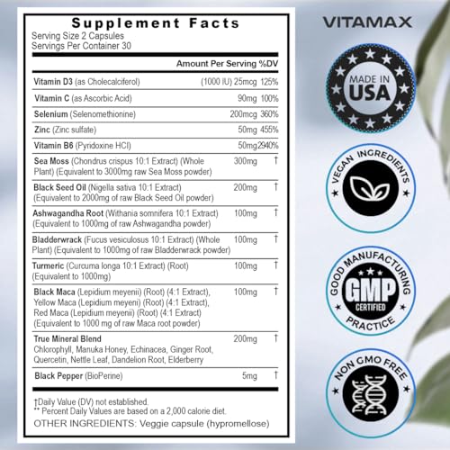 Sea Moss 3000mg Maca 1000mg Black Seed Oil 2000mg Ashwagandha 1000mg Bladderw - Maple Wellness Supplements