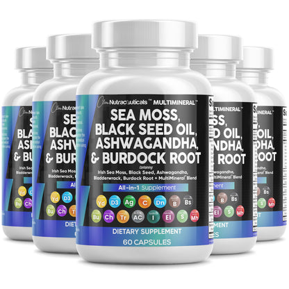Sea Moss Black Seed Oil Ashwagandha Turmeric Bladderwrack Burdock & Vitamin C Vitamin D3 with Elderberry Manuka Dandelion Yellow Dock Iodine Chlorophyll ACV - 5Pack - Maple Wellness Supplements