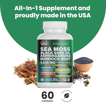 Sea Moss Capsules with Black Seed Oil, Burdock Root, Bladderwrack, Turmeric, Ashwagan - Maple Wellness Supplements