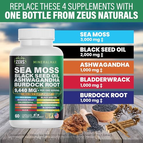 Sea Moss Capsules with Black Seed Oil, Burdock Root, Bladderwrack, Turmeric, Ashwagan - Maple Wellness Supplements