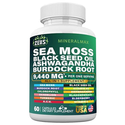 Sea Moss Capsules with Black Seed Oil, Burdock Root, Bladderwrack, Turmeric, Ashwagan - Maple Wellness Supplements
