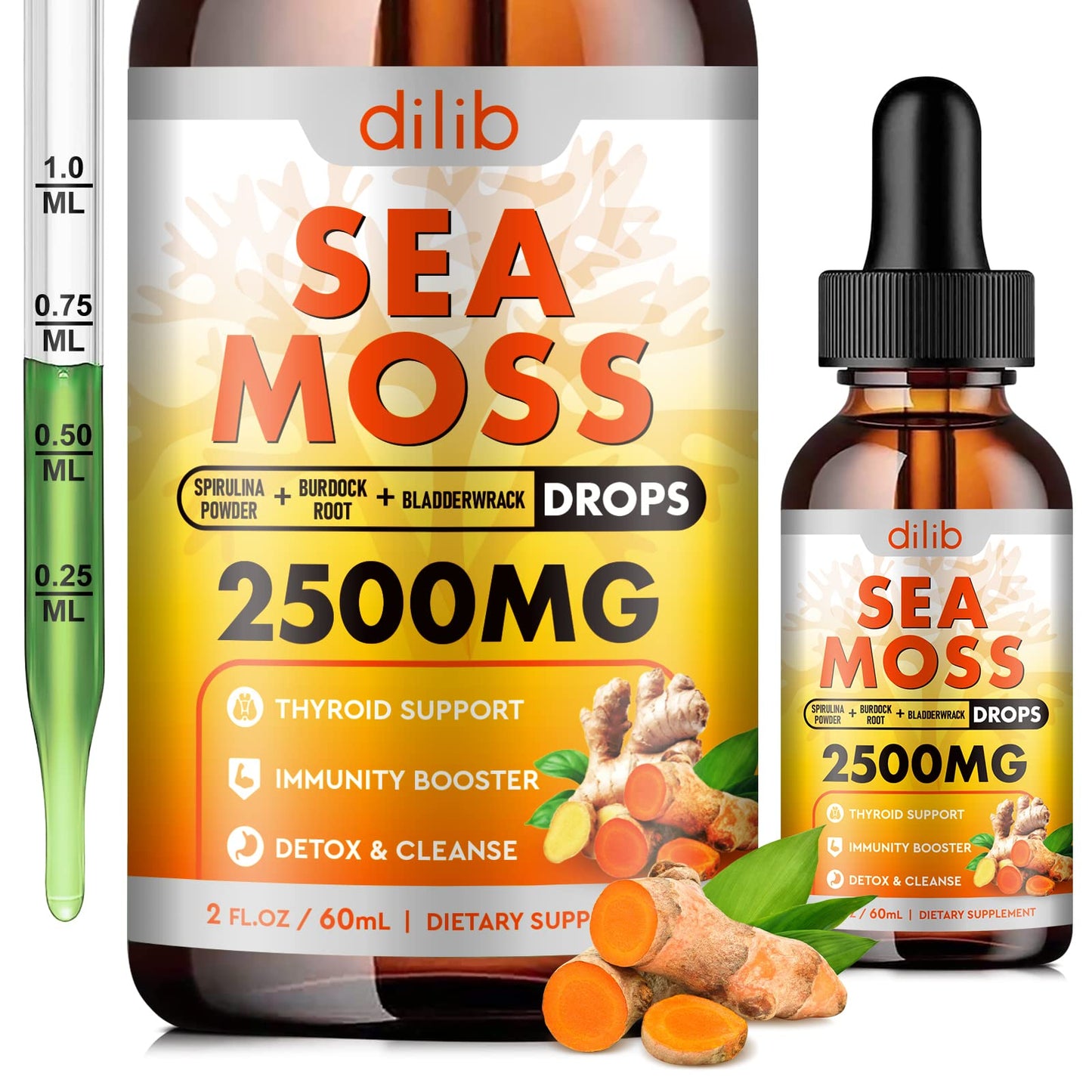 Sea Moss Liquid Drops: Organic Irish Sea Moss 2500mg with Turmeric, Bladderwrack - Maple Wellness Supplements