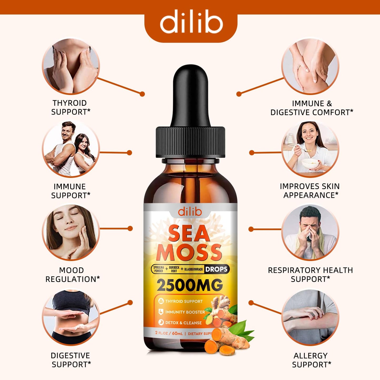 Sea Moss Liquid Drops: Organic Irish Sea Moss 2500mg with Turmeric, Bladderwrack - Maple Wellness Supplements