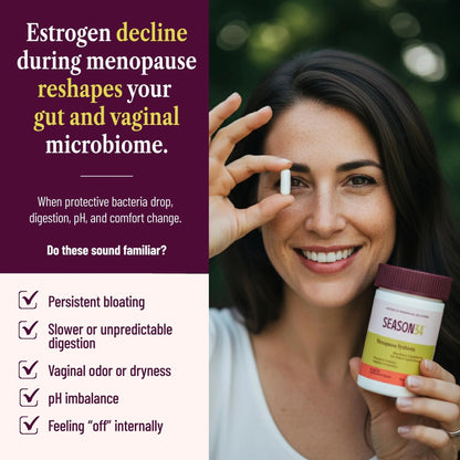 SEASON34 3-in-1 Menopause Probiotic for Women 40+ | Vaginal Care, pH, Odor & Intimate Comfort + Skin, Gut & Bloat Support | with Prebiotic Fiber & Postbiotics | 30 Capsules, 1 Month Supply - Maple Wellness Supplements