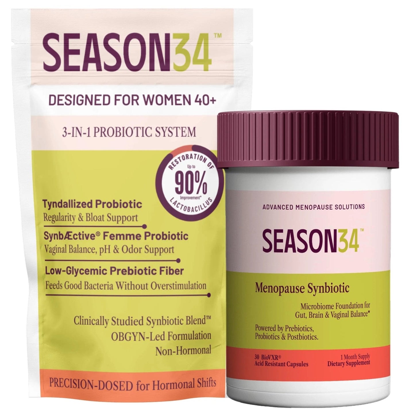 SEASON34 3-in-1 Menopause Probiotic for Women 40+ | Vaginal Care, pH, Odor & Intimate Comfort + Skin, Gut & Bloat Support | with Prebiotic Fiber & Postbiotics | 30 Capsules, 1 Month Supply - Maple Wellness Supplements