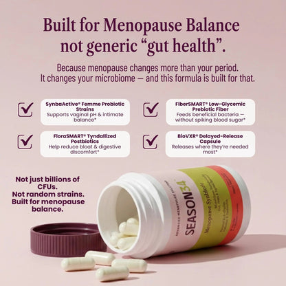 SEASON34 3-in-1 Menopause Probiotic for Women 40+ | Vaginal Care, pH, Odor & Intimate Comfort + Skin, Gut & Bloat Support | with Prebiotic Fiber & Postbiotics | 30 Capsules, 1 Month Supply - Maple Wellness Supplements