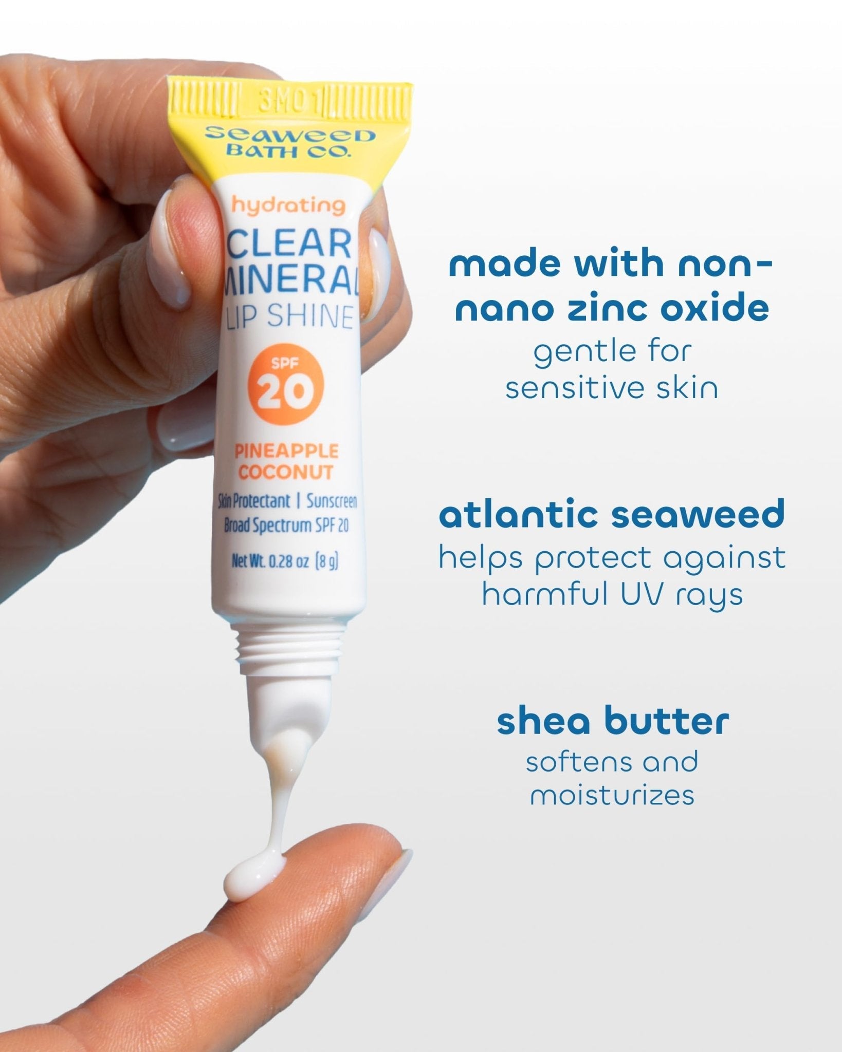 Seaweed Bath Co. Hydrating Clear Mineral Lip Shine - SPF 20 Sunscreen Zinc Oxide Lip Balm - Nourishing Care to Hydrate & Protect Dry - Maple Wellness Supplements