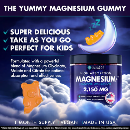 Secret Element Magnesium Glycinate 2150MG Gummies for Women and Men, High Absorption Magnesium Glycinate, Citrate, Malate Gummies for Adults & Kids, Sleep Support - Maple Wellness Supplements