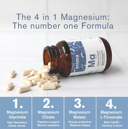 SEIMA - 4-in-1 Magnesium Complex – 1200 mg with Glycinate, Citrate, L-Threonate and Malate – Sleep, Stress Relief, Muscle Recovery, Energy and Well-Being for Women and Men, 90 Capsules - Maple Wellness Supplements