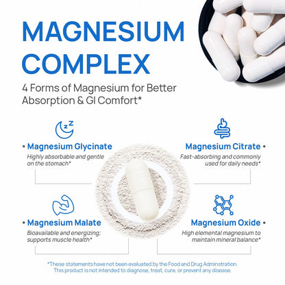 Selerb Magnesium Complex for Women and Men-Glycinate,Malate,Citrate,Oxide Supports Calm, Sleep, Muscle & Energy with D3, B6, Zinc, Slippery Elm & DGL Gentle on Stomach 90 Capsules - Maple Wellness Supplements