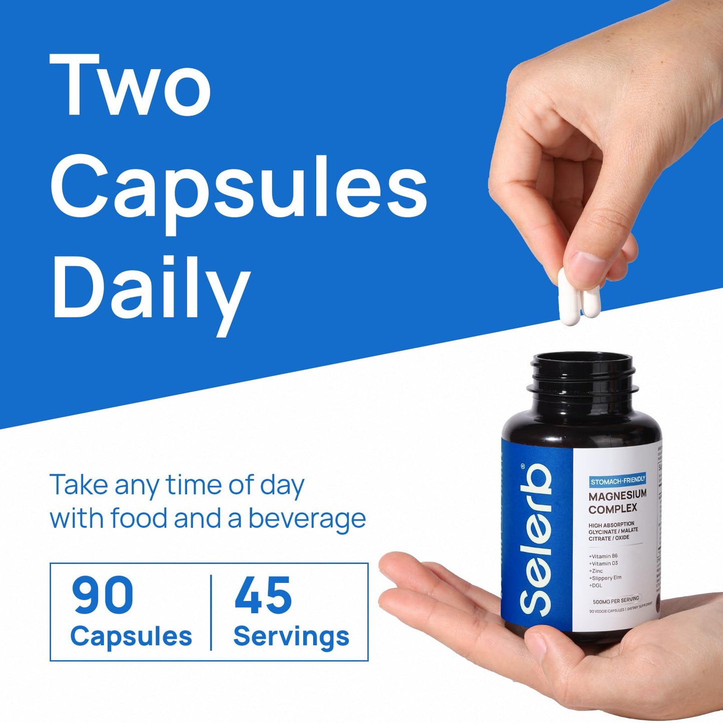 Selerb Magnesium Complex for Women and Men-Glycinate,Malate,Citrate,Oxide Supports Calm, Sleep, Muscle & Energy with D3, B6, Zinc, Slippery Elm & DGL Gentle on Stomach 90 Capsules - Maple Wellness Supplements