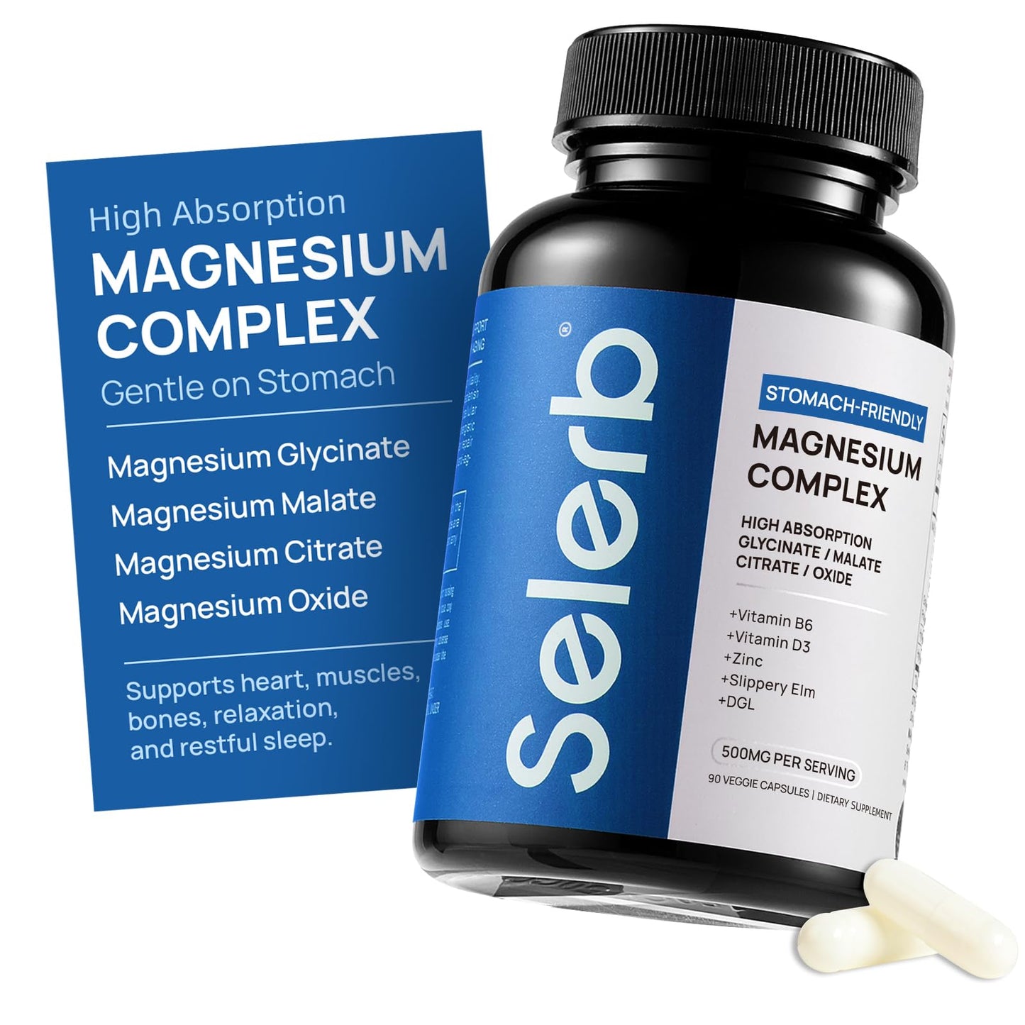 Selerb Magnesium Complex for Women and Men-Glycinate,Malate,Citrate,Oxide Supports Calm, Sleep, Muscle & Energy with D3, B6, Zinc, Slippery Elm & DGL Gentle on Stomach 90 Capsules - Maple Wellness Supplements