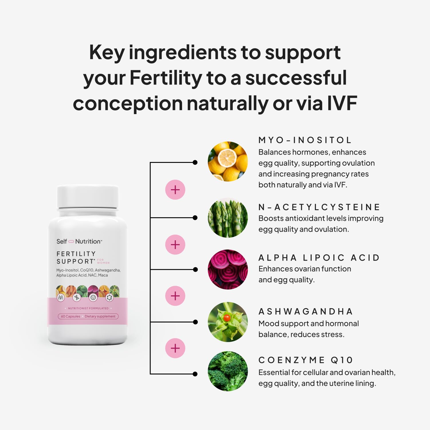 SELF NUTRITION Fertility Support for Women | Conception for Her, Coenzyme Q10, Ashwagandha, Myo-Inositol & More| Support Cycle Regularity & Ovulation| Vegan, Non-GMO, USA Made-60 Capsules - Maple Wellness Supplements