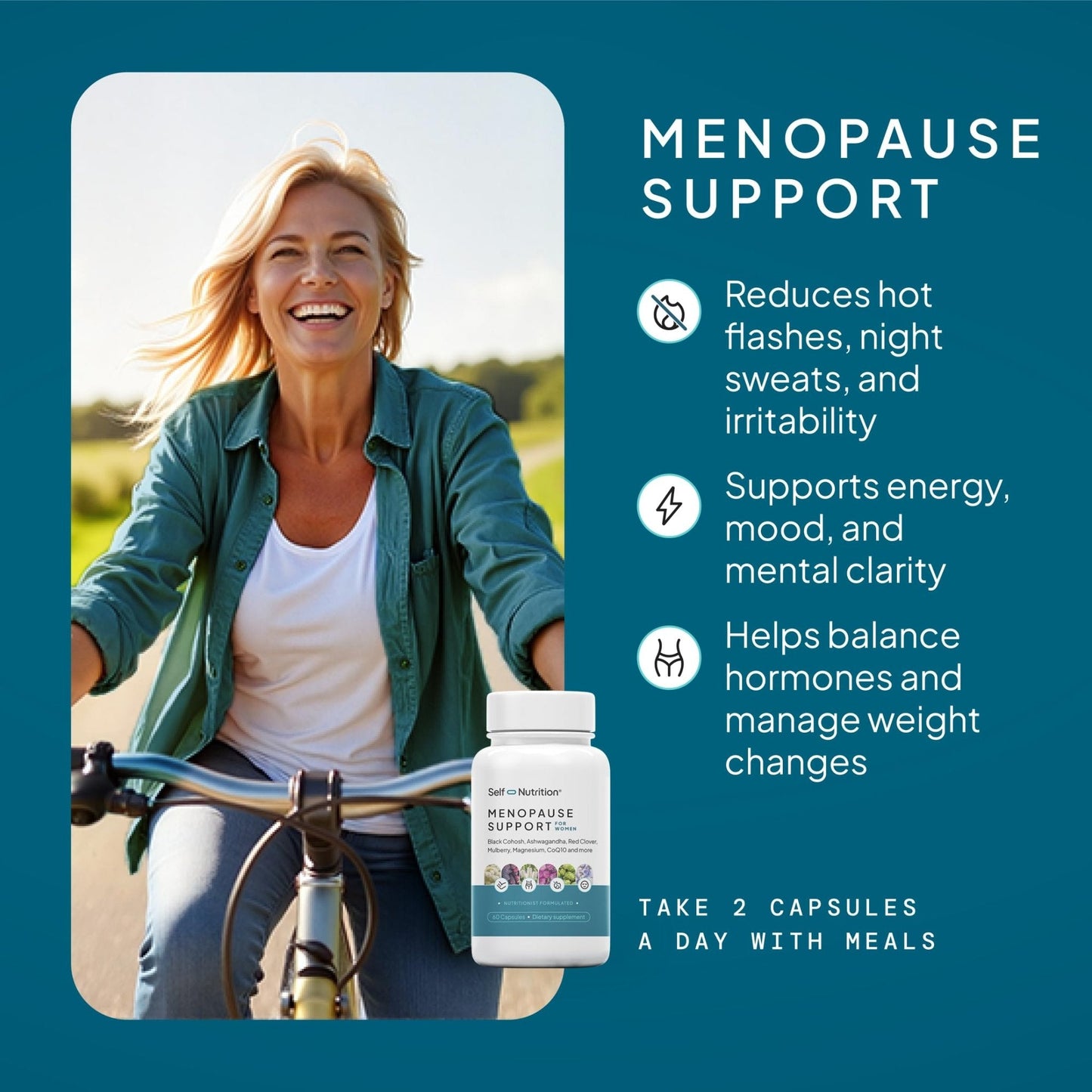 SELF NUTRITION Menopause Support for Women -All-Natural, Hormone-Free Perimenopause & Menopause Support. Unique Blend for Hot Flashes, Mood, Energy, Sleep & More. Vegan, Gluten-Free, 60 Capsules. - Maple Wellness Supplements