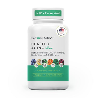 SELF NUTRITION NAD+ Resveratrol Supplement for Women – Healthy Aging Formula with CoQ10, Biotin, Turmeric & Vitamins A, C, E – Supports Energy, Skin & Longevity – 60 Capsules. Made in USA. - Maple Wellness Supplements