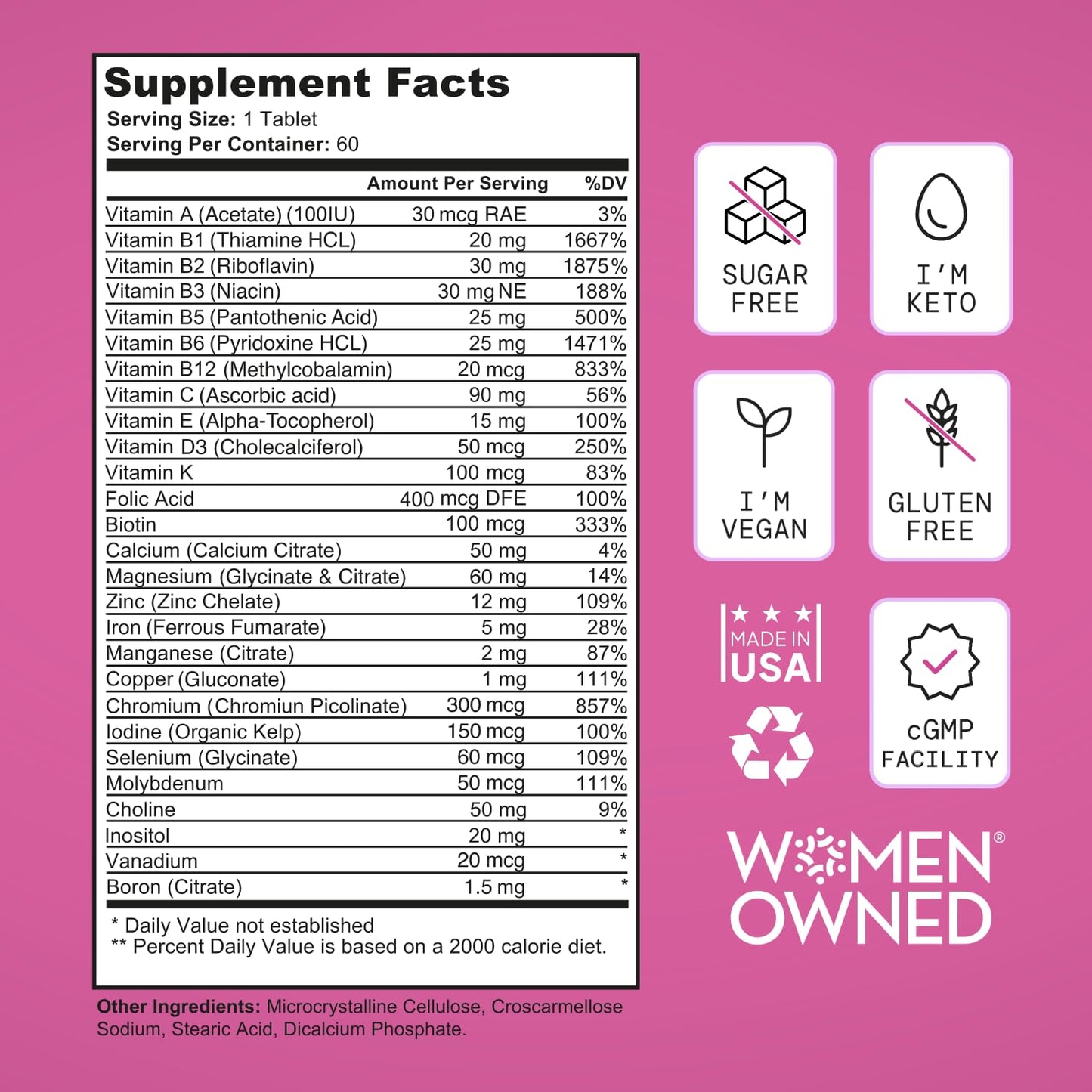 SELF NUTRITION Vegan Multivitamins for Women - Once Daily - 28 Nutrients - Boost Energy, Sleep, Hair, Skin, Nails & Reduce Cravings - Keto, Vegan, Gluten Free, Made in USA, 2-Months Supply - Maple Wellness Supplements