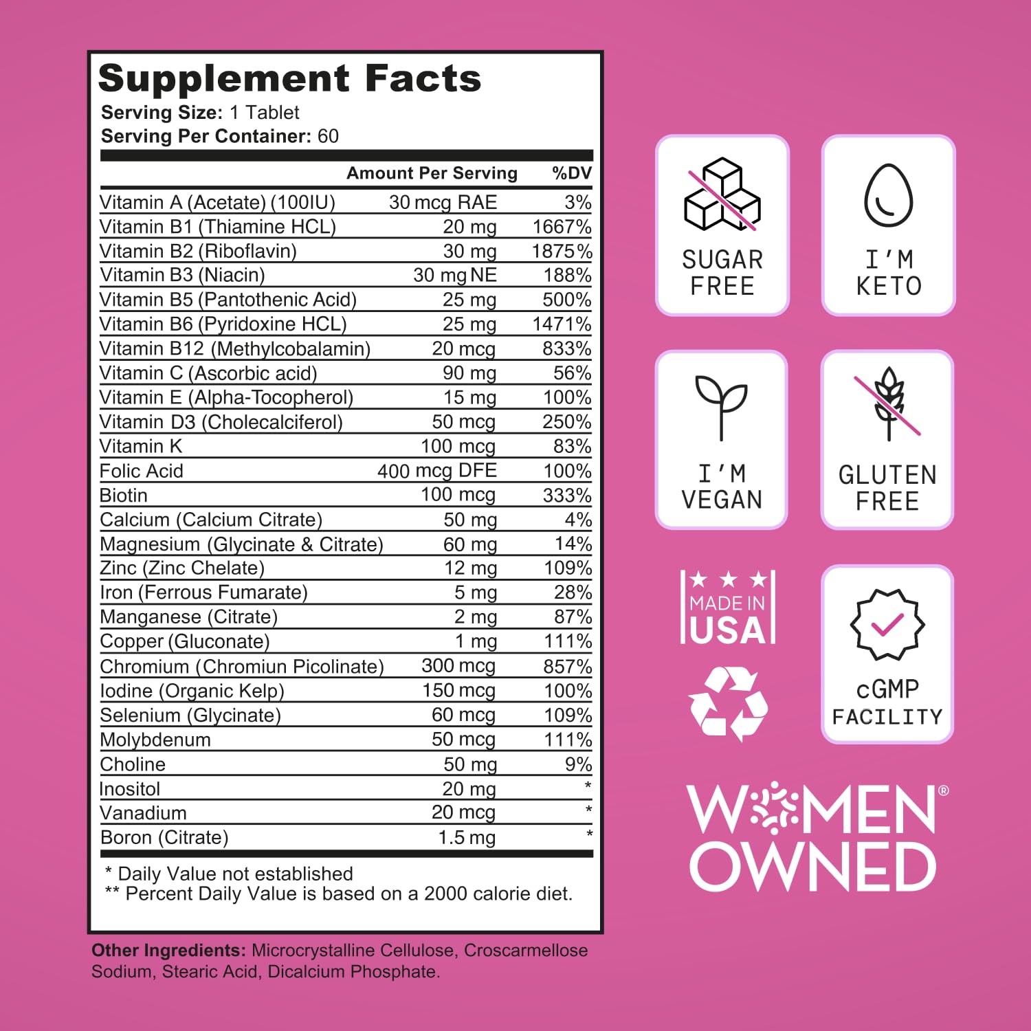 SELF NUTRITION Vegan Multivitamins for Women - Once Daily - 28 Nutrients - Boost Energy, Sleep, Hair, Skin, Nails & Reduce Cravings - Keto, Vegan, Gluten Free, Made in USA, 2-Months Supply - Maple Wellness Supplements