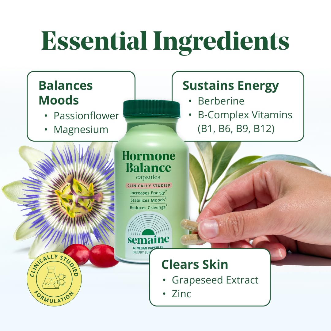 Semaine Hormone Balance – Clearer Skin, Enhanced Moods, Deeper Sleep & Happier Hormones. Hormone-Free, Vegan Capsule, Multi-Symptom Support (60 ct) - Maple Wellness Supplements