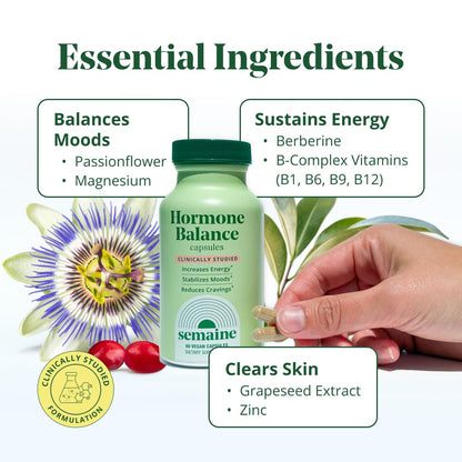 Semaine Hormone Balance – Clearer Skin, Enhanced Moods, Deeper Sleep & Happier Hormones. Hormone-Free, Vegan Capsule, Multi-Symptom Support (60 ct) - Maple Wellness Supplements