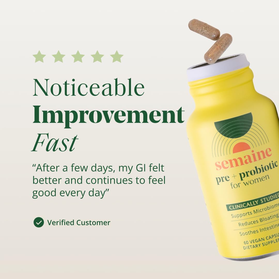 Semaine Super Powered Prebiotic + Probiotic for Women, Effective 3-in-1 Multi-Action Formula to Nourish Gut Health, Soothe IBS, Support Bloat Relief - Maple Wellness Supplements