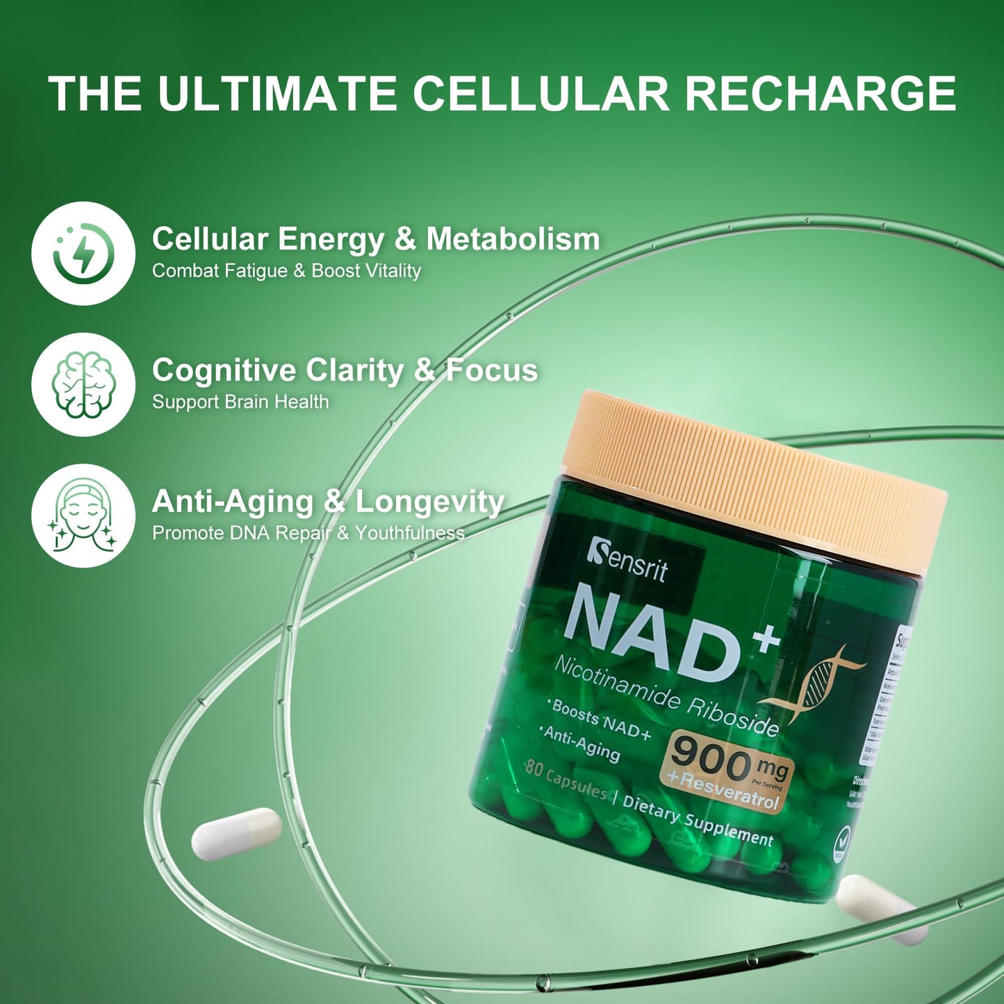 Sensrit NAD+ Supplement with Nicotinamide Riboside & Resveratrol | Cellular Energy & Mental Clarity Support | 40 Servings | Vegan, Non-GMO, Gluten Free - Maple Wellness Supplements