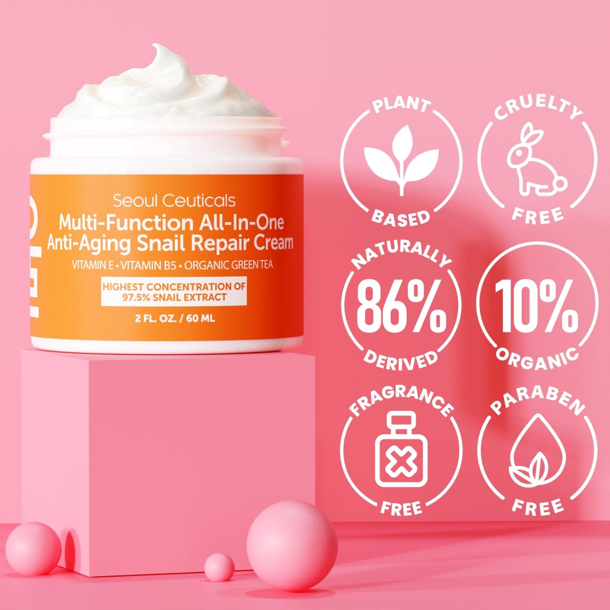 SeoulCeuticals Snail Mucin Moisturizer 97.5% - Korean Skin Care Snail Repair Cream - Day & Night Anti Aging K Beauty Skincare Cruelty Free 2oz - Maple Wellness Supplements