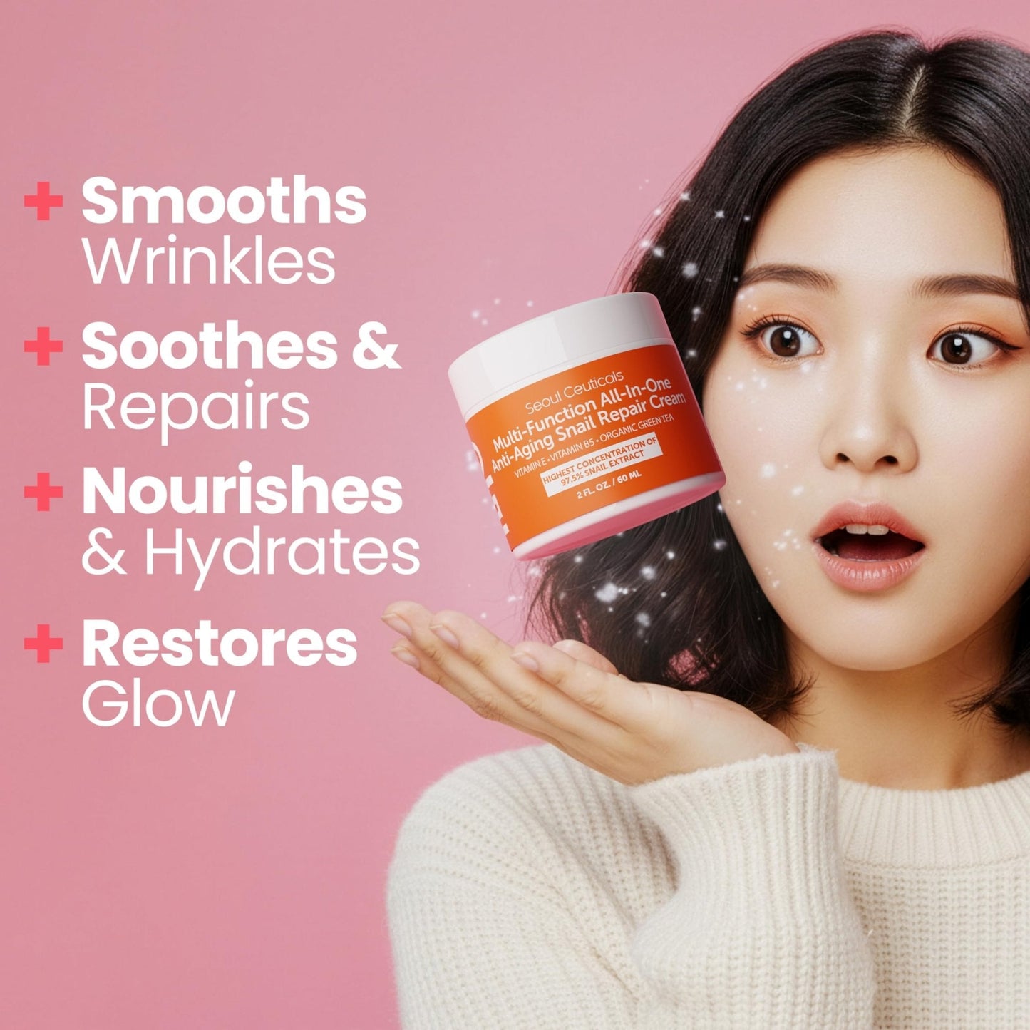 SeoulCeuticals Snail Mucin Moisturizer 97.5% - Korean Skin Care Snail Repair Cream - Day & Night Anti Aging K Beauty Skincare Cruelty Free 2oz - Maple Wellness Supplements