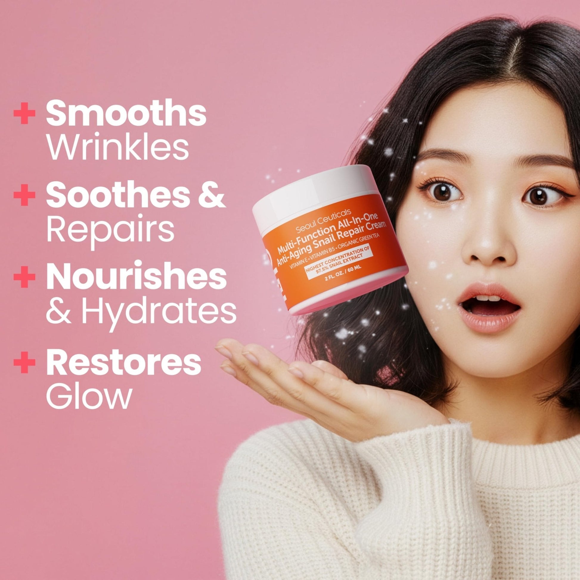 SeoulCeuticals Snail Mucin Moisturizer 97.5% - Korean Skin Care Snail Repair Cream - Day & Night Anti Aging K Beauty Skincare Cruelty Free 2oz - Maple Wellness Supplements