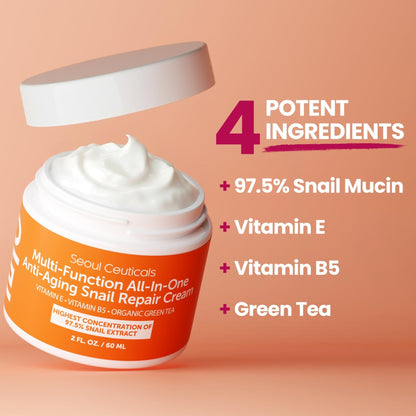 SeoulCeuticals Snail Mucin Moisturizer 97.5% - Korean Skin Care Snail Repair Cream - Day & Night Anti Aging K Beauty Skincare Cruelty Free 2oz - Maple Wellness Supplements