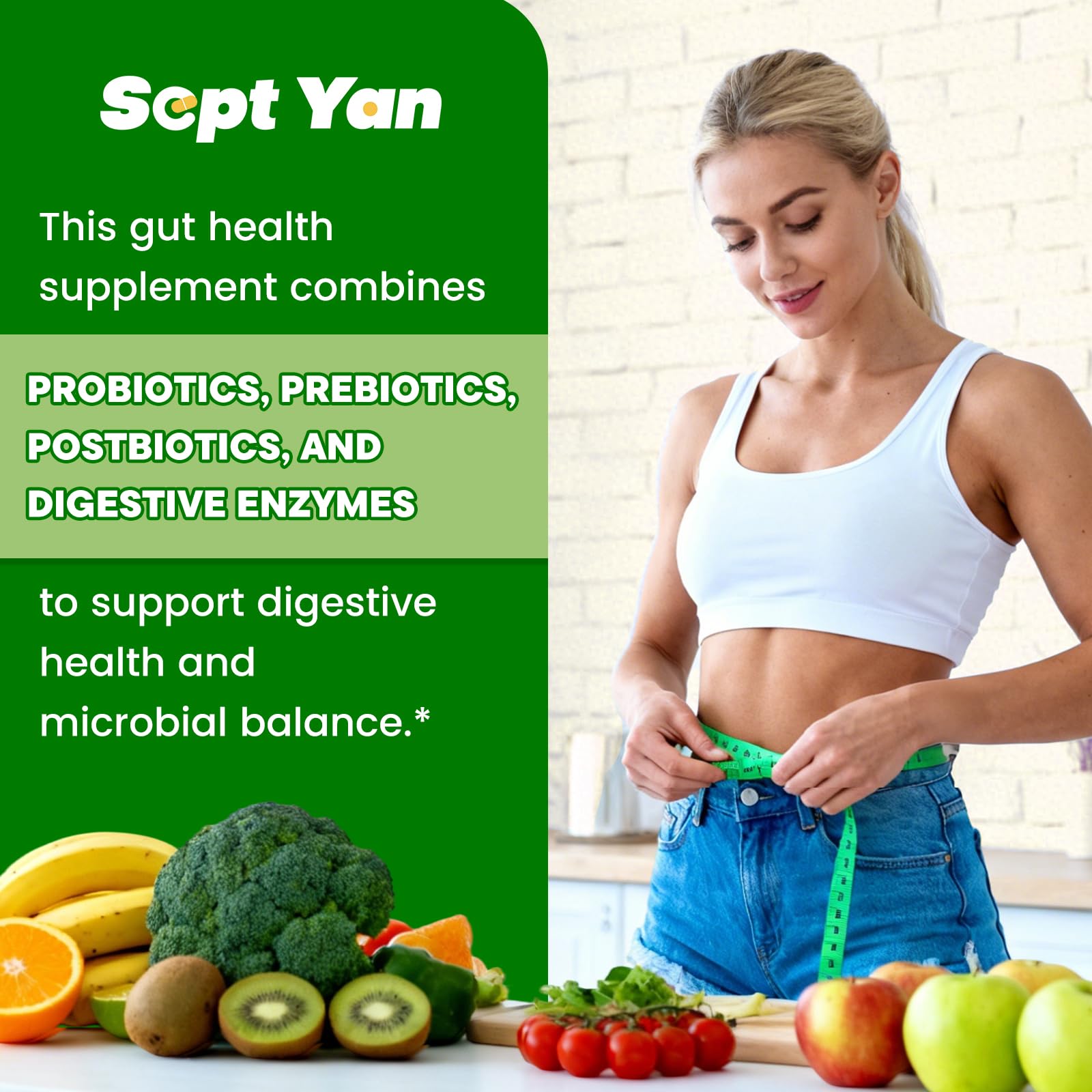 SEPT YAN Gut Health Supplement with Prebiotics, Postbiotics & Probiotics for Digestive Health for Women & Men, 80 Billion CFU Probiotics for Gut and Digestion - Maple Wellness Supplements