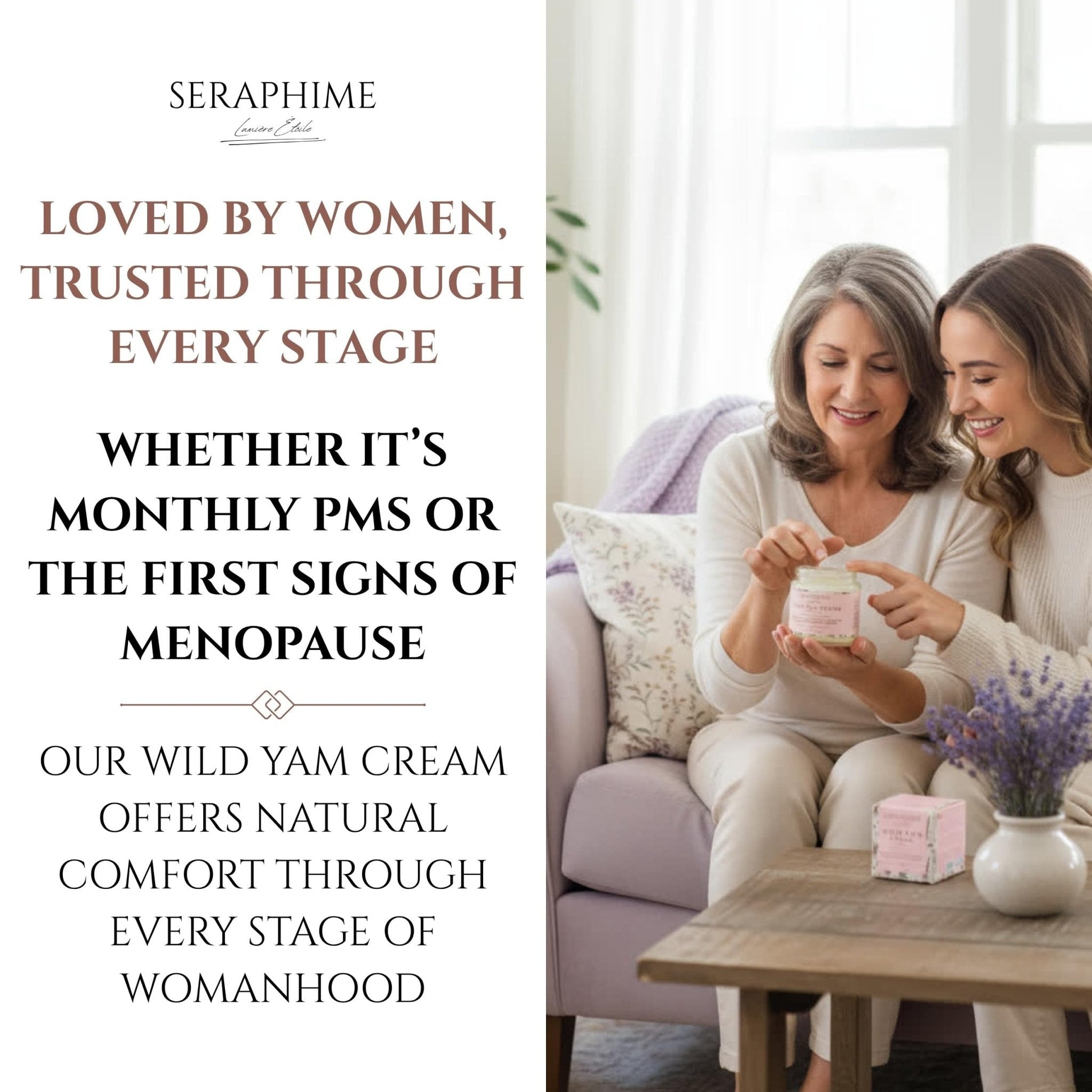 Seraphime Wild Yam Cream for Hormone Balance - Gift for Mom - Menopause and PMS Support for Women - Wild Yam Balancing Cream - Hot Flashes, Night Sweats, Mood Swings, Low Energy - Lavender 4oz - Maple Wellness Supplements