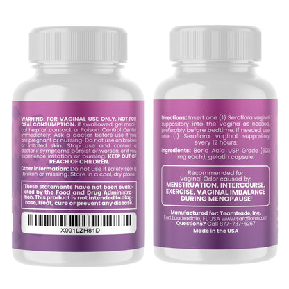 Seroflora Boric Acid 600mg Feminine Capsules, Feminine pH Support, Intimate Freshness for Women, Fast-Dissolving Capsules (30 Count) with Applicators (28 Count) - Maple Wellness Supplements