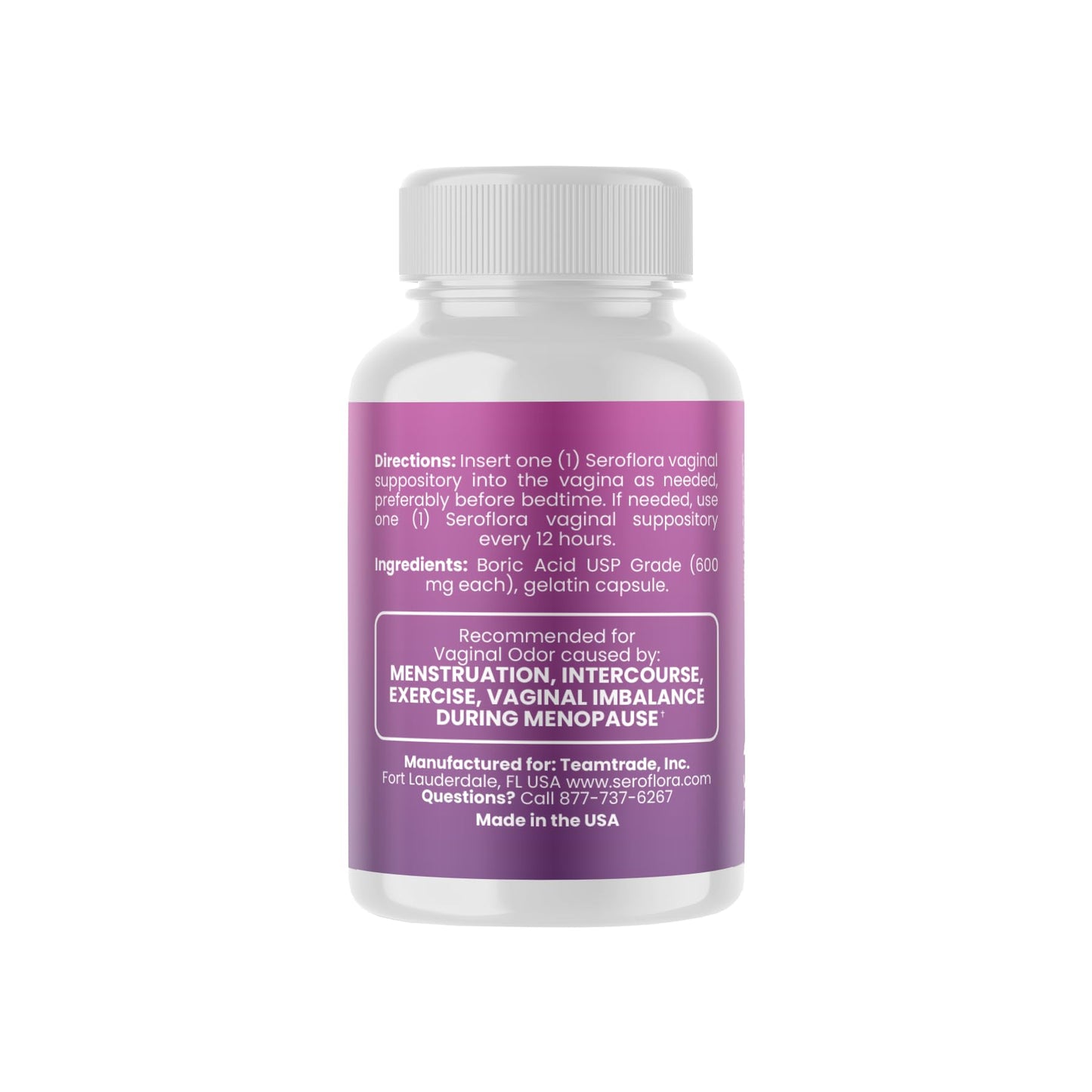 Seroflora Boric Acid Vaginal Suppositories 600mg – 30 Count with 7 Applicators for Odor Control & pH Balance Feminine Hygiene Support, Natural Intimate Care, Made in USA - Maple Wellness Supplements