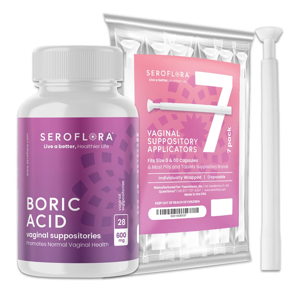 Seroflora Boric Acid Vaginal Suppositories 600mg – 30 Count with 7 Applicators for Odor Control & pH Balance Feminine Hygiene Support, Natural Intimate Care, Made in USA - Maple Wellness Supplements
