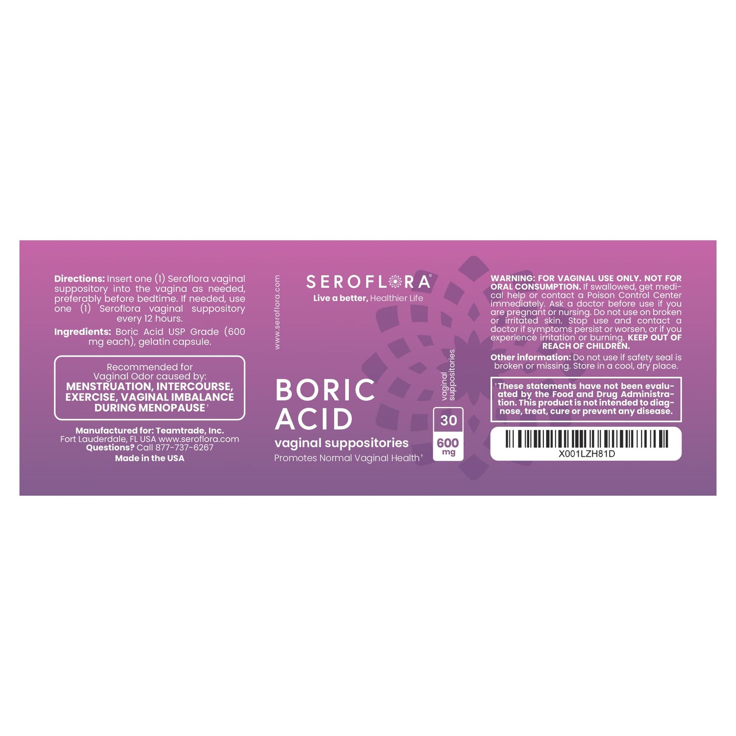 Seroflora Boric Acid Vaginal Suppositories for Women + 1 Suppository Applicator - Helps Support Vaginal Odor pH Balance, Yeast Infection and Bacterial Vaginosis - Maple Wellness Supplements